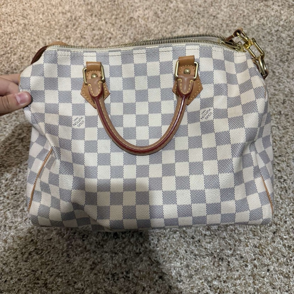 Louis Vuitton Gray and Tan Checkered Satchel